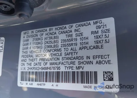 2021 Honda Cr-V Awd Touring из США, поврежденный, VIN 2HKRW2H94MH678795